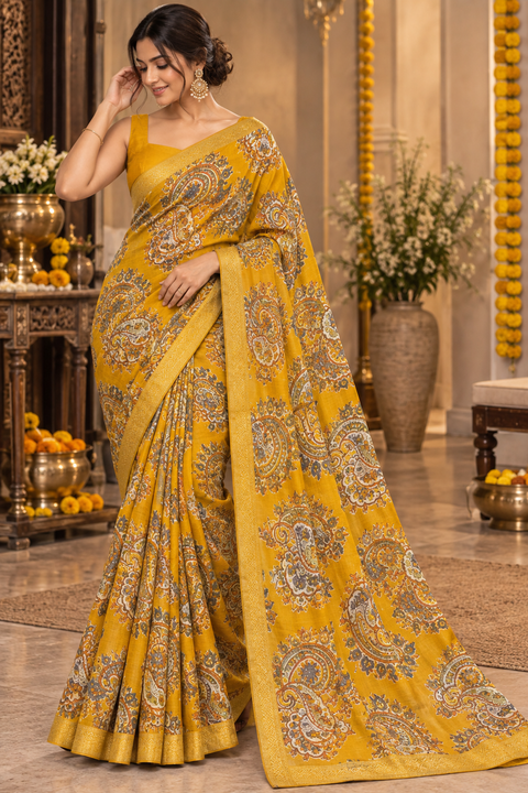 Soft Georgette Printed Saree – Lightweight and flowy with elegant all-over print and border. Matching blouse piece attached; model blouse is for reference only. Slight variation in colour/design is possible.