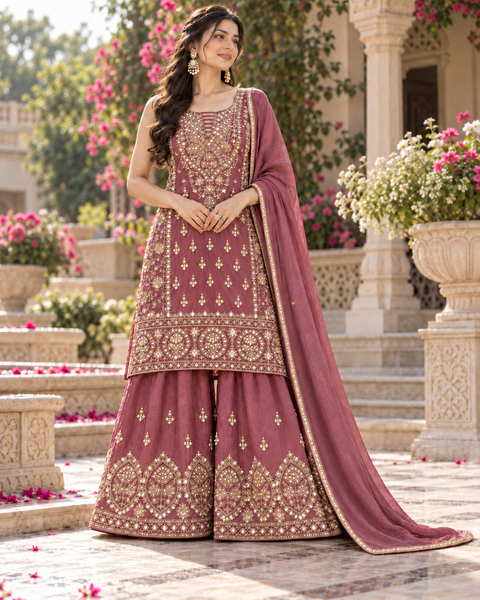 Mauve Pink soft Georgette Silk outfit featuring exquisite handwork embroidery all over the kameez, matching loose circular palazzo with handwork detailing, and a beautiful golden-bordered dupatta.Slight variation in colour and design is possible