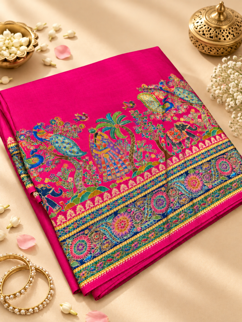 Elegant Hot Pink saree featuring rich multicolour traditional peacock, elephant and floral motifs with a beautifully detailed woven-style border and statement pallu. Blouse piece included. Slight variation in colour and design is possible.