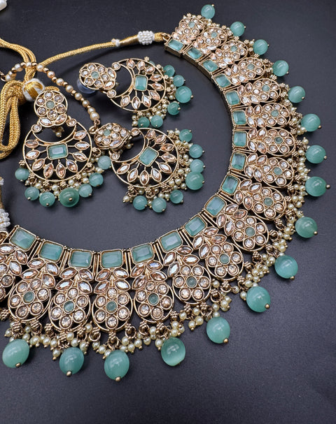 Original Polki stone with pearls beaded work beautiful necklace with jhumka and tikka set