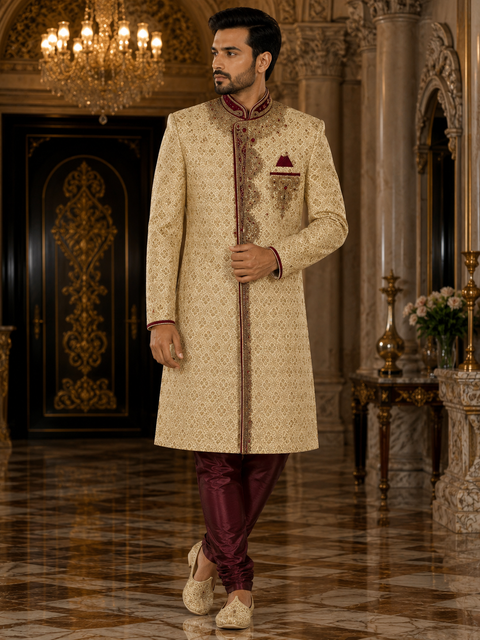 Premium ivory floral embroidered sherwani with elegant gold detailing, crafted for a timeless and sophisticated wedding celebration look. Slight variation in color and design may occur.