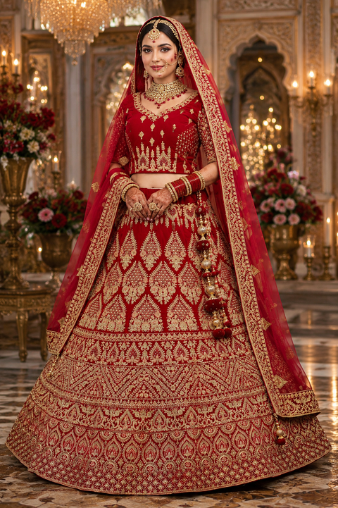 (Video clip attach)Dark Red colour velvet based lehnga with heavy handwork with stones & embroidery work fully heavy flared beautiful designer Readymade Bridal lehnga with very heavy embroidered netting dupatta (heavy latkans attached ) unstitched lehnga