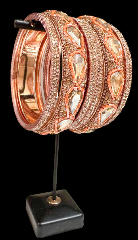Beautiful Rosegold & peach fine stone with Crystal stone floral designer Brass Bangles set (customised with plain Velvet or Metal Bangles )