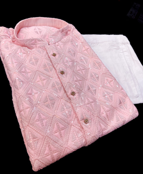 Pure Rayon Based Beautiful heavy Embroidery Work At Front And Back With Sequins Work Designer Kurta & White Pants