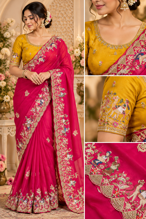 Elegant soft saree featuring intricate traditional figure and floral handwork with a rich scalloped border for a festive statement look. Attached blouse piece included; model blouse is for reference only. Slight variation in colour and design is possible.