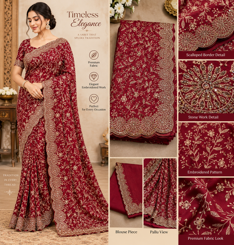 Maroon color pure georgette saree with Kashmiri-inspired soft thread floral embroidery and delicate stone work all over. Finished with a beautifully detailed scalloped border for a rich, elegant look.