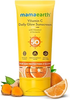 Mamaearth Vitamin C Daily Glow SPF 50 Sunscreen with PA+++ | Reduces Tanning & Gives Broad Spectrum Sun Protection | No Whitecast & Non-Greasy |50 g
