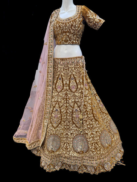 (Clip attached S-40(44))Brown colour velvet based beautiful peacock design embroidery work stones work very heavy layered ken heavy Designer Bridal Lehnga with heavy tessels attached to blouse & Lehnga & heavy work lace beaded dupatta