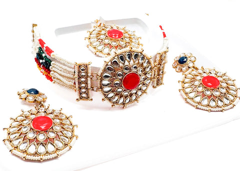 Pearls beaded with Kundan stone beautiful choker necklace with Earrings & Tikka