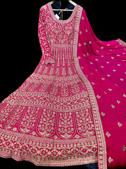 (Video clip attached)Chiffon georgette Based bridal style heavy design stones work With heavy embroidery Work at front and back Designer Flared Kameez /Gown And netting Based Embroidery Work heavy Dupatta