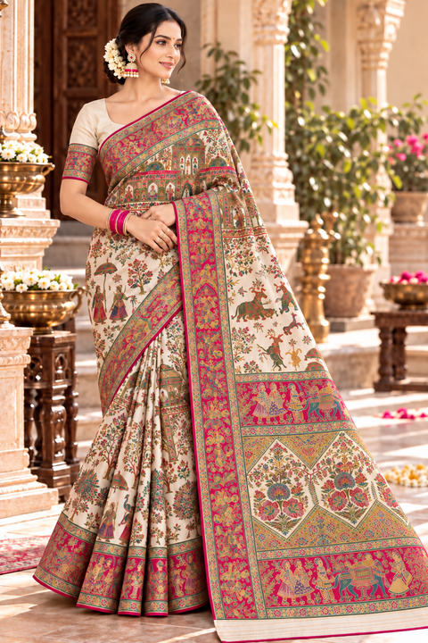 Pure Soft Silk Kalamkari-Inspired Saree with beautiful traditional motifs and a richly detailed pallu. Blouse shown on model is for reference only; actual blouse piece is attached with the saree. Slight variation in colour and design is possible.