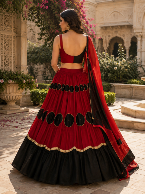 A graceful Chaniya Choli featuring a statement color-block blouse, elegant circular detailing, and a beautifully flared silhouette—perfect for festive celebrations (slight variation in color and design is possible)