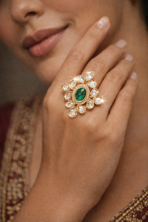 Elegant oversized kundan ring featuring a rich green center stone, surrounded by intricate kundan work and emerald accents. Perfect statement piece for weddings and festive looks. 💚✨