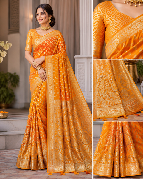 Banarasi Silk Saree Featuring Elegant Zari Weaving & stone work with tessels on Pallu Saree Comes With An Attached Blouse Piece. Model Blouse Is For Reference Only. Slight Variation In Colour And Design May Occur