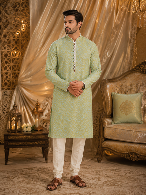 Pastel mint colour silk based kurta with pajama pants (slight variation in color and design is possible )