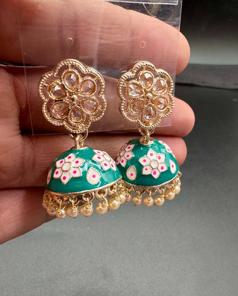 Small size Polki Stone With Pearls Work Beautiful Meenakari Jhumka