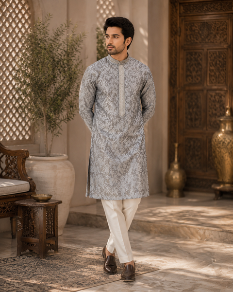 Soft Silk based brocade work neck embroidery designer Kurta with white Pajama (slight variation in color and design is possible)