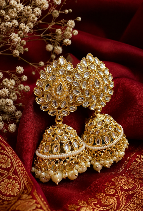 Bigger size and lite weight Beautiful pearls with kundan work jhumka(slight variation in color and design is possible)