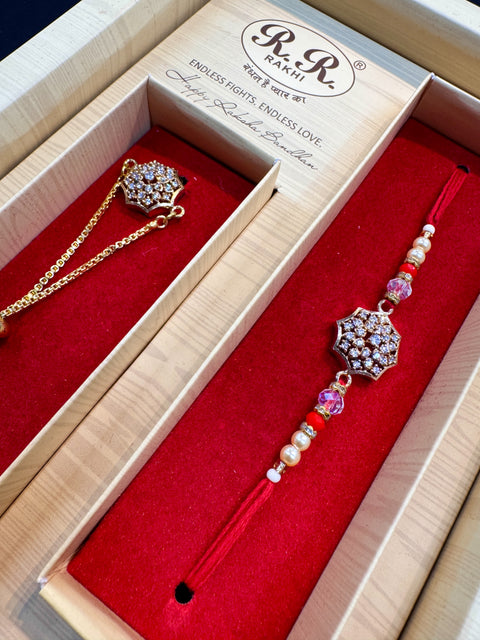 AD stone Work Bhai Bhabhi Rakhi in nice pack gift box with Mishri, Sindoor, Rice, Chandan
