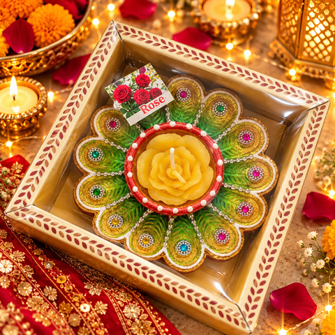 Elegant Rose Decorative Candle Set with a rose-shaped wax candle and festive floral design. Perfect for Diwali décor and gifting.