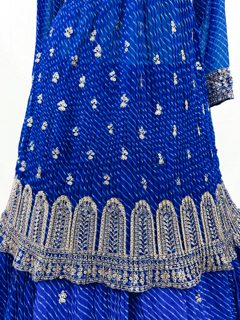 Georgette based embroidery work with Sequinned work design Bandhani print beautiful flared Kameez with georgette lehnga multiflared and georgette Dupatta