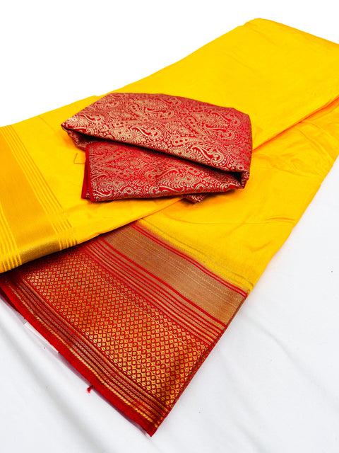 Soft Silk based Broad zari border Saree with Contrast Brocade silk based Blouse