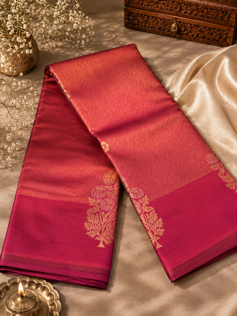 Premium South Silk Saree With Rich Zari Weaving And Contrast Woven Pallu. Featuring Elegant Dual-Tone Shades.Model-Worn Blouse Is For Reference Only. Unstitched Blouse Piece Is Attached With Saree(Slight Variation In Color & Design Is Possible)