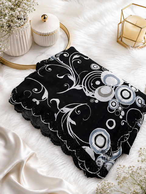 Beautiful black Stones work border design beautiful very soft Georgette Saree. The Blouse Worn By The Model Is For Reference Purposes Only. The Blouse Piece Is Attached Separately With The Saree. Slight Variation In Color And Design May Occur.