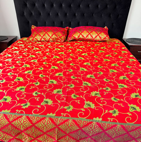 Roses Print Velvet golden zari Work Bed Sheet (275cm x 265cm)king size King Size Bedsheet With Double Pillow Cover
