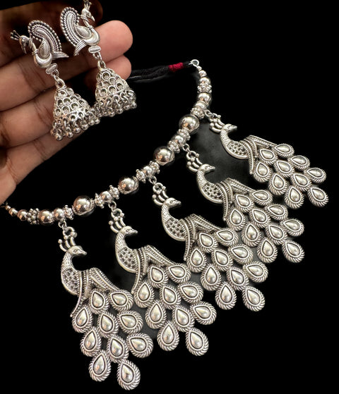 Peacock design Beautiful work oxidised Necklace with earrings