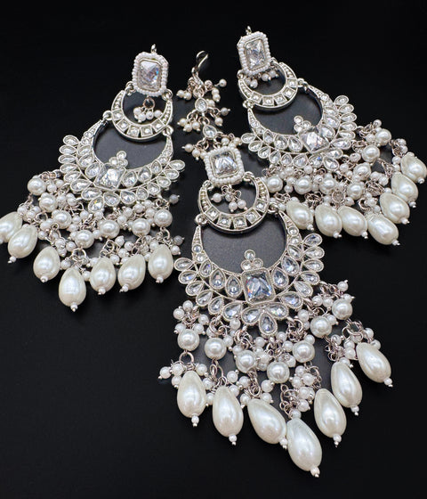 (video clip attached)Silver Original Kundan Polki stones & Pearls work Bridal necklace with beautiful Jhumka, tikka  NOTE:- original Polki stones not fake plastic stones)