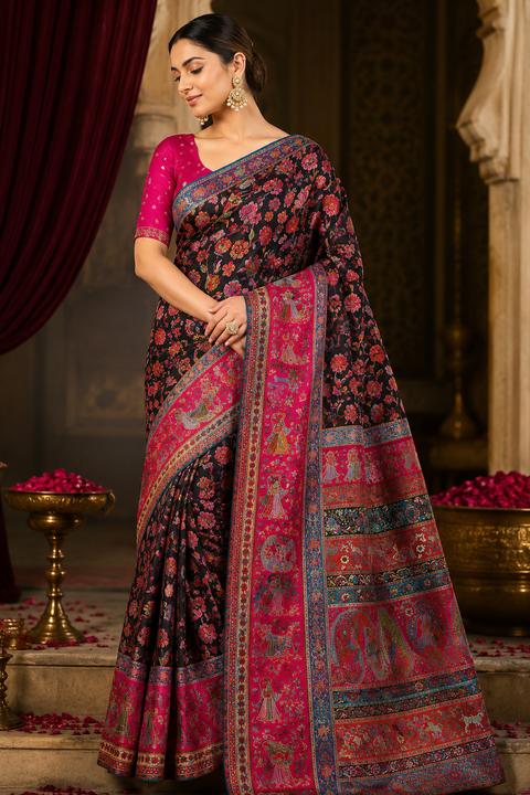 Kashmiri Kalamkari Inspired Soft Silk Saree with vibrant multicolour weaving and an elegant contrast pallu for a rich, timeless look.Blouse piece attached. Model image for reference only. Slight variation in colour and design may occur.