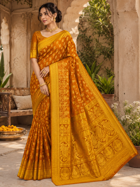 Premium soft Silk Saree with rich zari weaving and contrast woven pallu. featuring elegant dual-tone shades.Model-worn blouse is for reference only. Unstitched blouse piece is attached with saree(slight variation in color & design is possible)