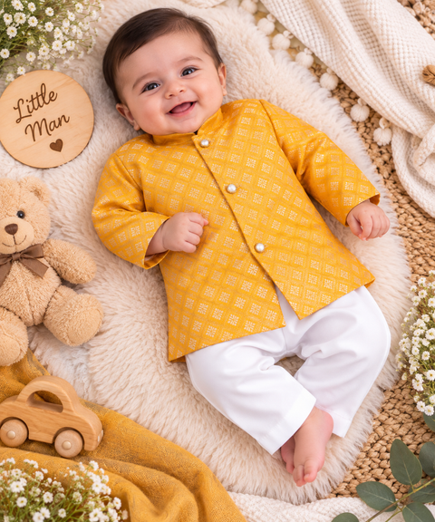 Adorable Brocade Silk Newborn Kurta Pajama Set with soft inner lining, easy front-open kurta and matching elasticated pajama for comfortable wear.Kurta L 35 cm,Chest 25 cm,Sleeve 24 cm,Pajama L 33 cm. Slight variation in colour & design may occur