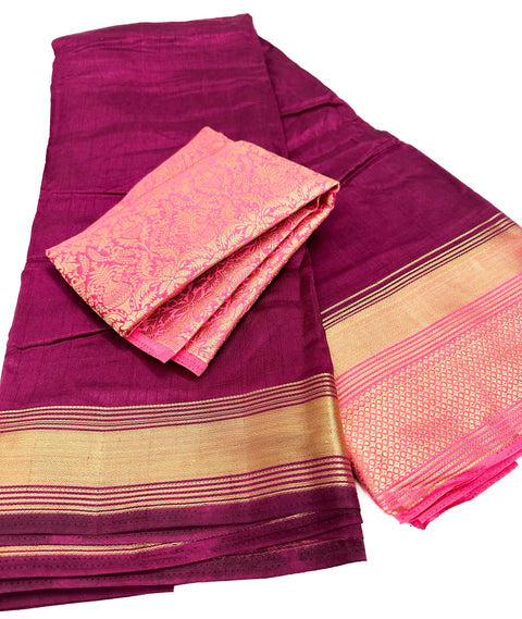 Soft Silk based Broad zari border Saree with Contrast Brocade silk based Blouse