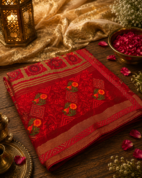 Beautiful Bandhani print work with Stones and embroidery design beautiful soft Georgette Saree Blouse Worn By The Model Is For Reference Purposes Only. The Blouse Piece Is Attached Separately With The Saree. Slight Variation In Color And Design May occur