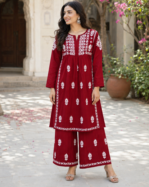 Very soft rayon-based kurti with elegant Lucknowi embroidery at front & back, giving it a graceful and timeless look. Pants are not included – this is kurti only. Slight variation in color and design is possible.
