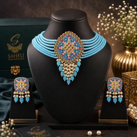 Beautiful Meenakari work with Kundan stone choker Set With Elegant Pearl Detailing (Slight Variation In Color, Design, And Finishing May Occur