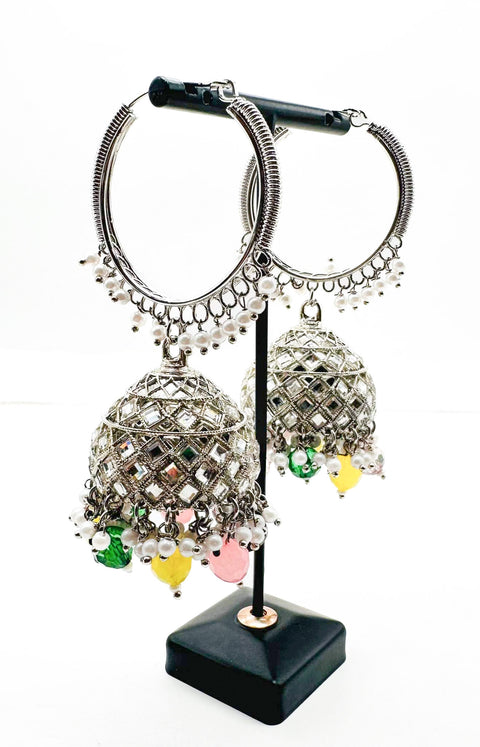 Silver stone with pearls work beautiful Jhumka Balian big size