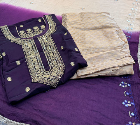 Silk based embroidery with sequined work designer kameez with salwar and chinnon based embroidery dupatta