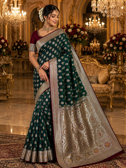 Luxurious Banarasi Silk Saree with rich zari weaving and elegant stone work on the pallu. Comes with an attached blouse piece. Model image is for reference only; slight variation in color and design may occur.
