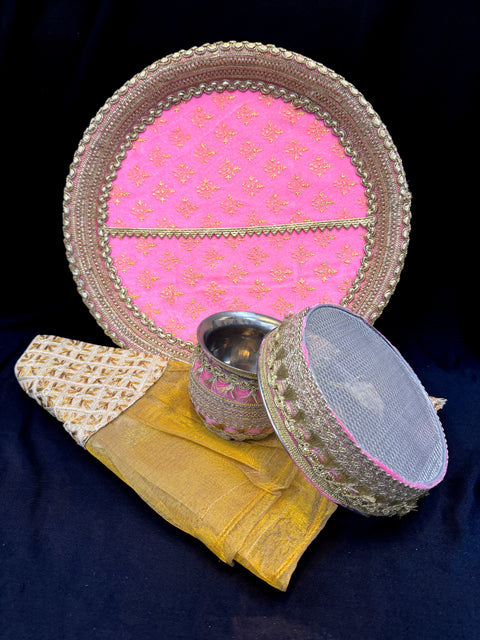 Decorated Karwachauth Thali Set (Thali, Channi, Lota(Kalash) Chunri