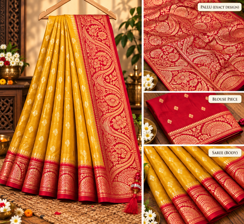 Soft & glossy crepe silk saree with a smooth, lightweight feel and beautifully flowy drape. Featuring rich woven zari floral motifs and an elegant detailed border .Blouse piece included. Slight variation in colour and design is possible.