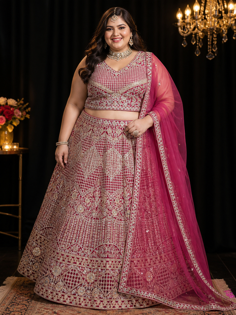 Plus size Netting based heavy embroidery with mirror work designer blouse with heavy flared lehnga and netting based sequined work dupatta( sleeves can be attached)(slight variation in color and design is possible)