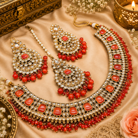 Original Polki stone with Kundan stone studded crystals and pearls Work Necklace Set With Earrings & Tikka