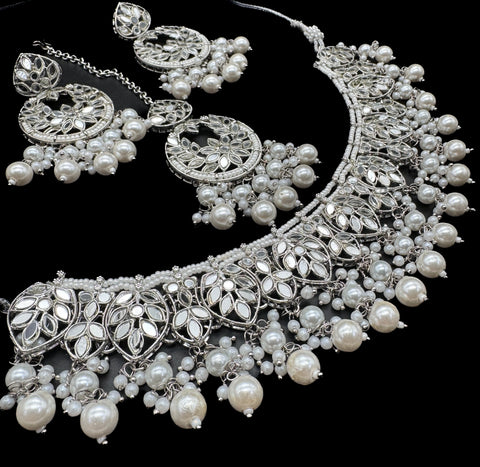 Silver color Beautiful mirror with pearls beaded choker necklace with earrings and tikka set