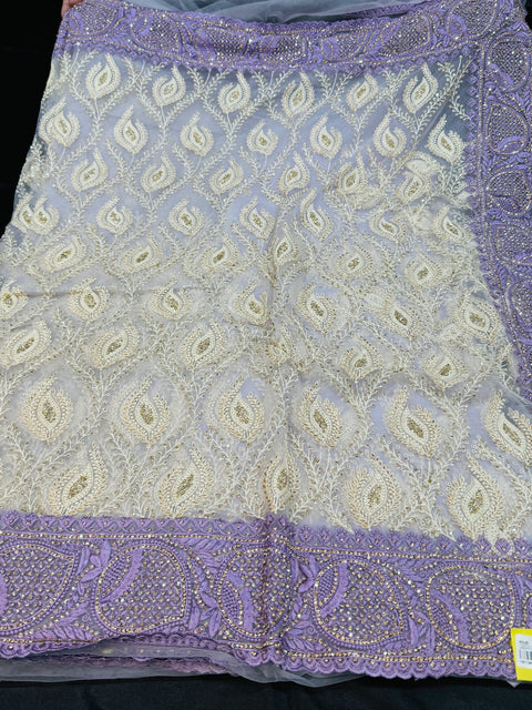 (Video Clip attached ) Very heavy work designer lavender Colour Heavy Stone Work & Embroidery Jaal Work Beautiful Netting Designer Saree And Embroidery Work Blouse design