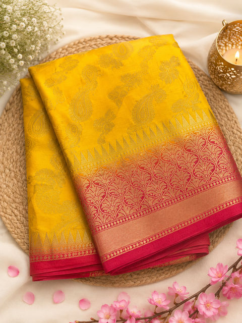 Art Silk Based contrast border and Pallu zari work Design beautiful Saree  (blouse is attached to Saree ) slight variation in color and design is possible )