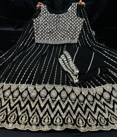 Georgette based embroidery work with sequins work all over lehnga and crop top designer blouse and Georgette sequined dupatta