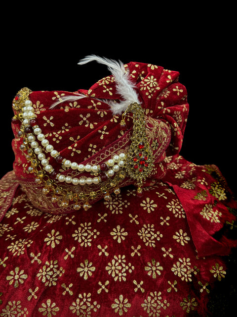 Maroon colour velvet based golden printed Dulha Pagdi With dupatta set